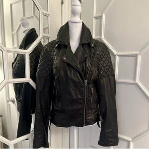 All Saints Leather Walker Quilted Biker Ladies Jacket Black Zip Collared Size 12